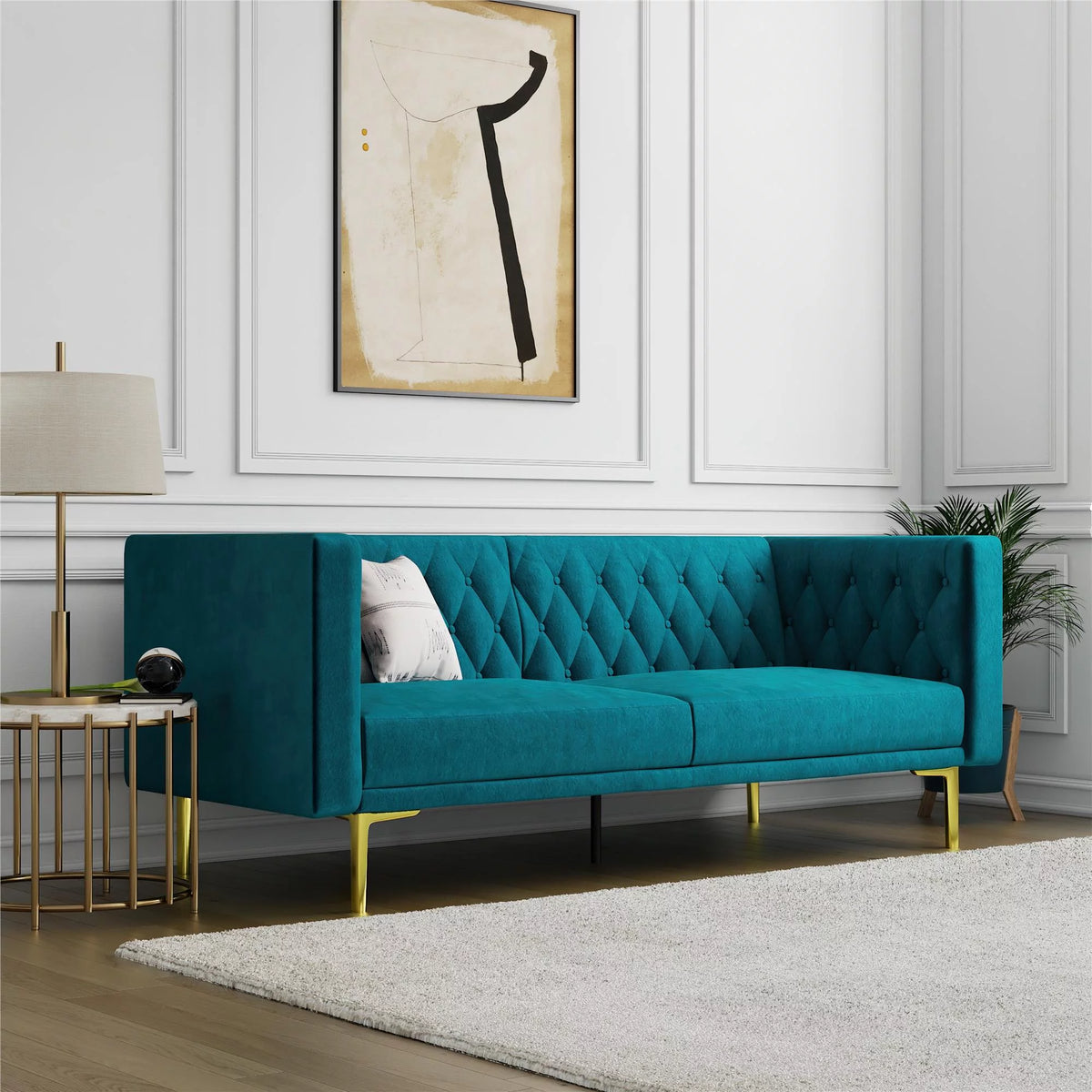 Ivory Velvet Sofa with Gold Finish Metal Legs O343805