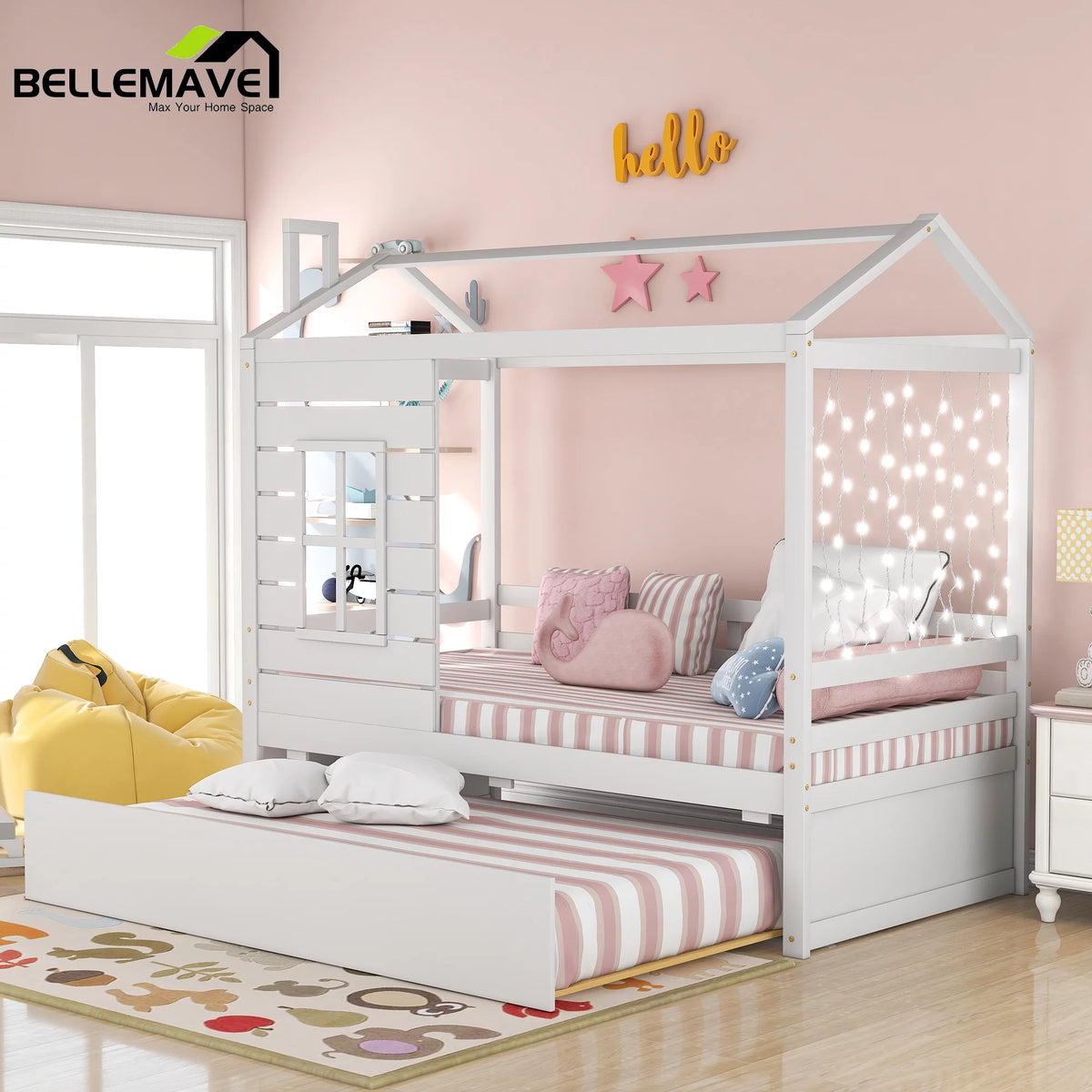 White Wood Twin Size House-Shaped Platform Bed with Trundle Q342