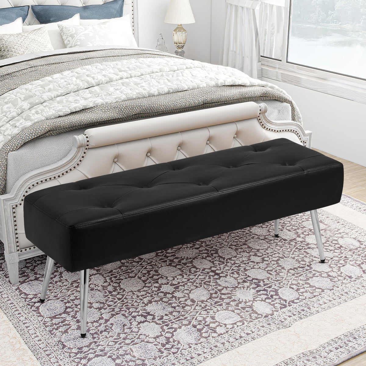 Black Faux PU Leather Tufted Ottoman Bench I86153
