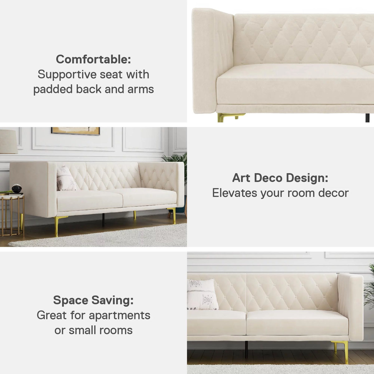 Ivory Velvet Sofa with Gold Finish Metal Legs O343805
