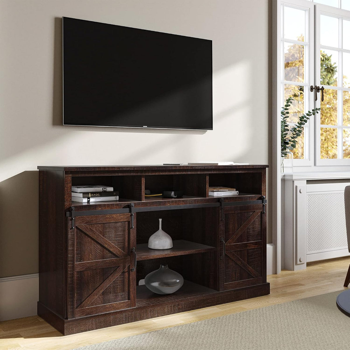 52 Inch TV Stand with Sliding Barn Door and Storage Cabinets V3847