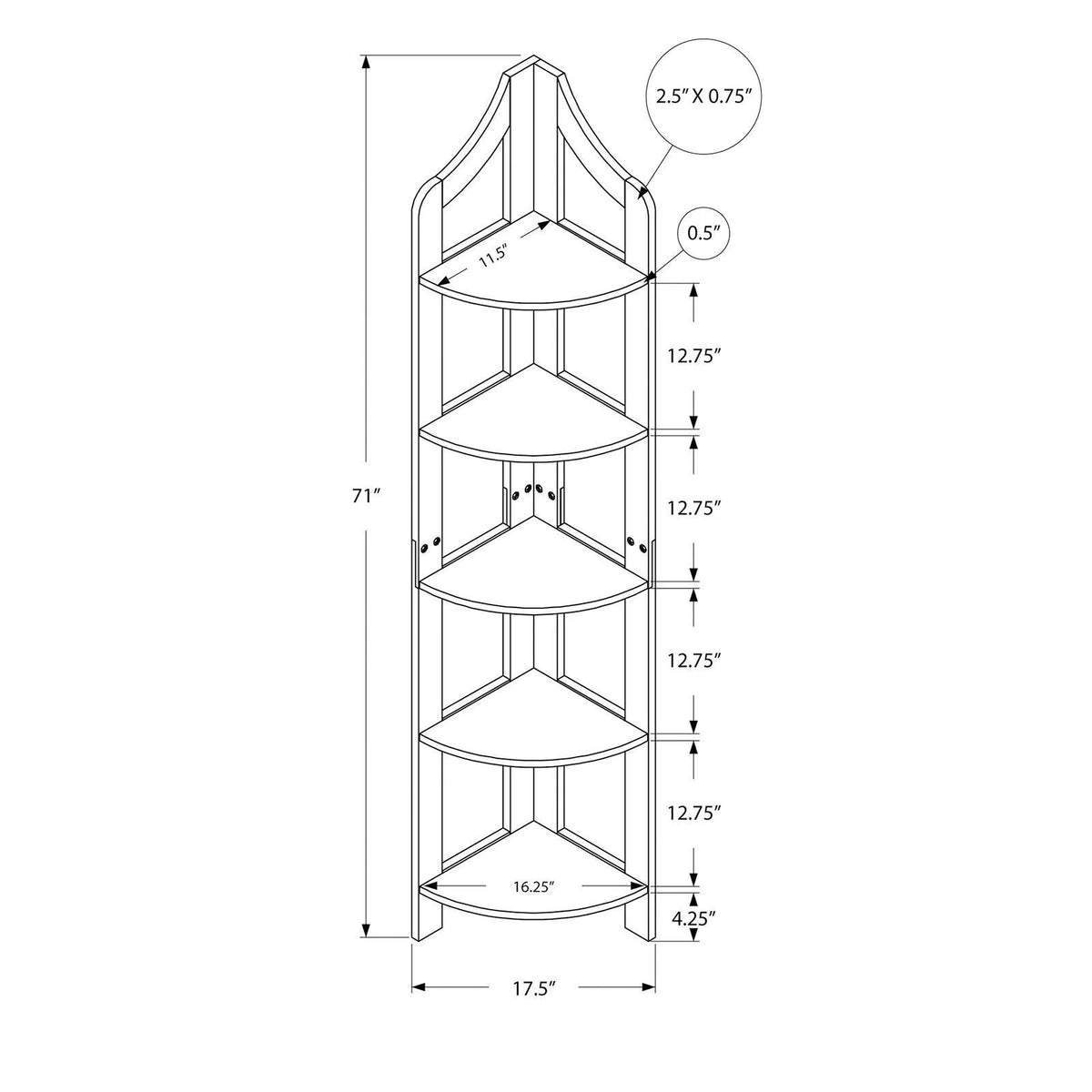 5 Tier White Wood Corner Bookshelf O542704