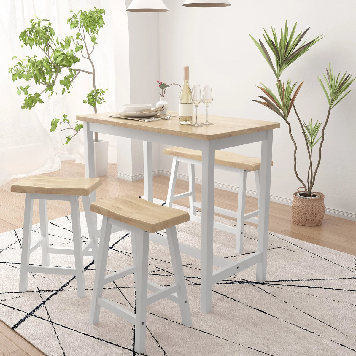 42" 4-Piece Wood Dining Table Set with Bench and 2 Stools R1172