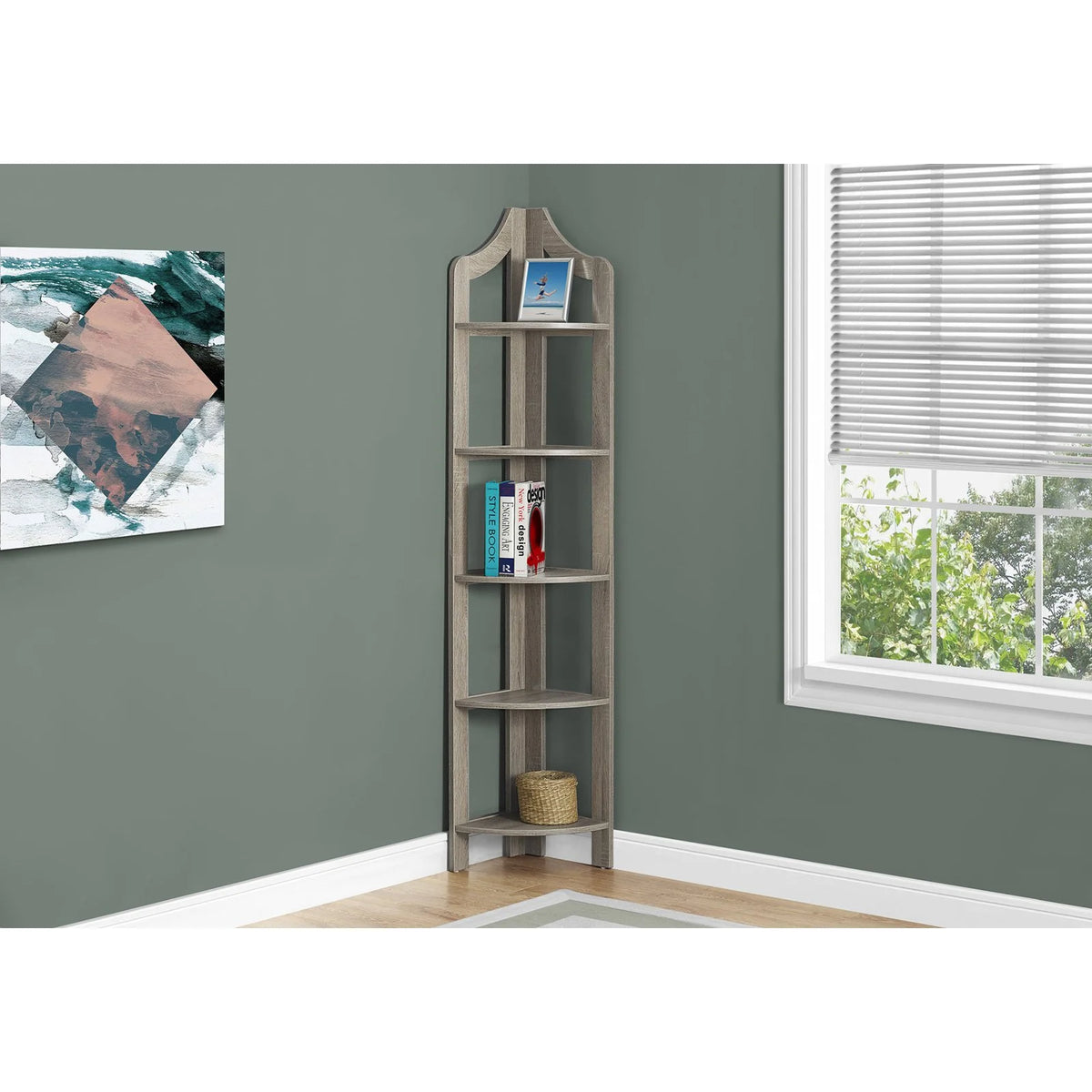 5 Tier White Wood Corner Bookshelf O542704