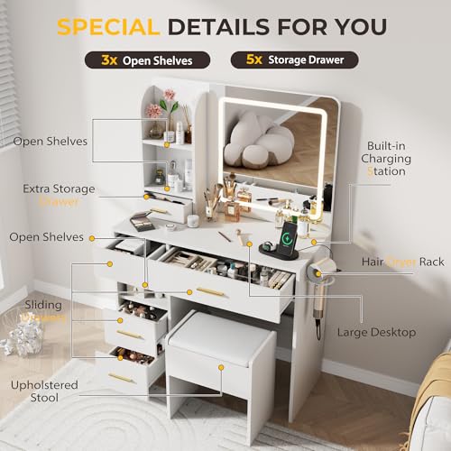 White Vanity Desk with Lighted Mirror and Stool N628
