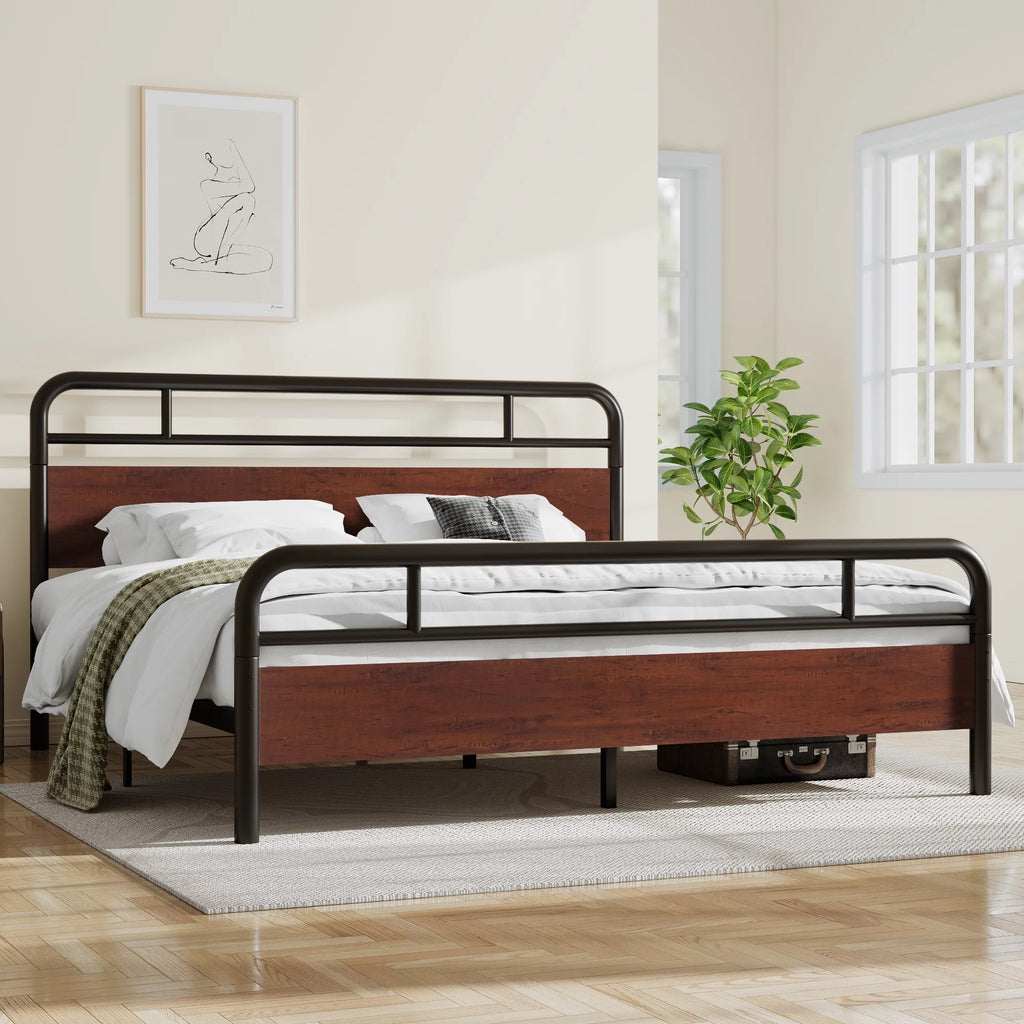 Dark Brown King Size Metal Platform Bed Frame with Wooden Headboard W421