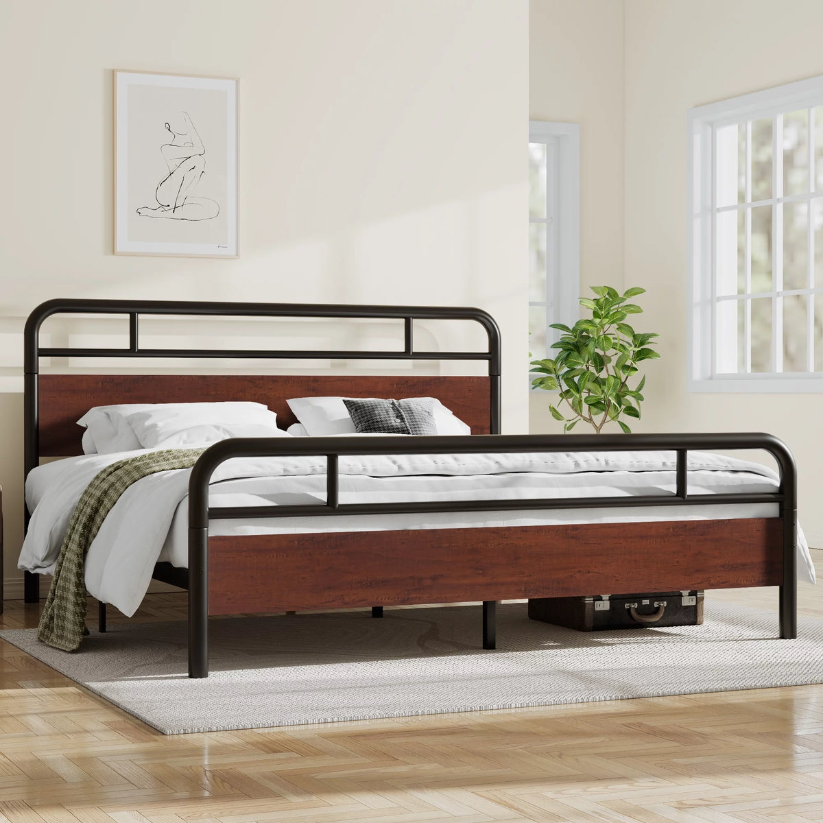 Dark Brown King Size Metal Platform Bed Frame with Wooden Headboard W421