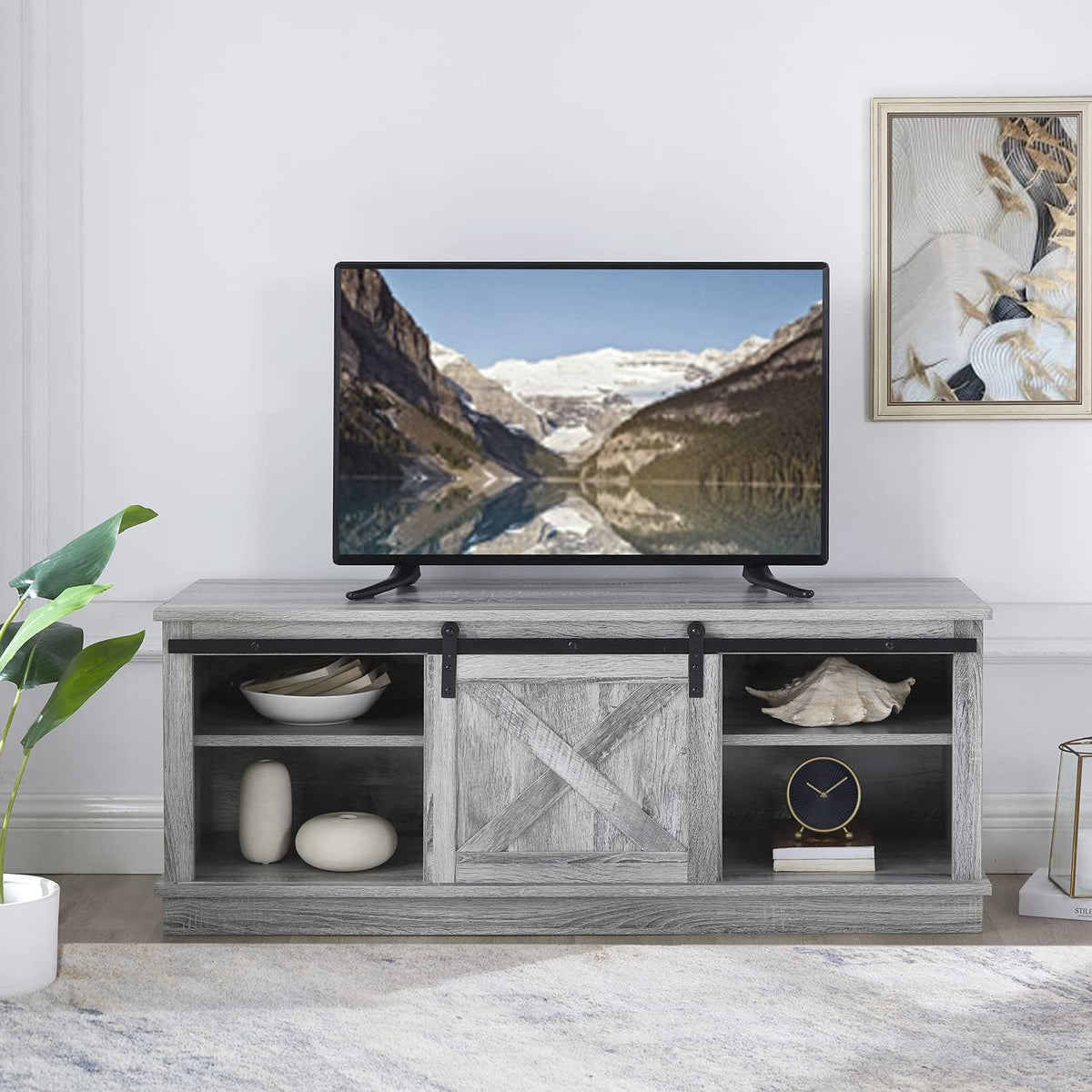 Black Sliding Barn Door TV Stand with Storage Cabinet O769