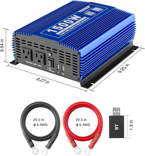 1500W Pure Sine Wave Power Inverter 12V DC to 110V AC with 2AC Outlets & USB Port B3638