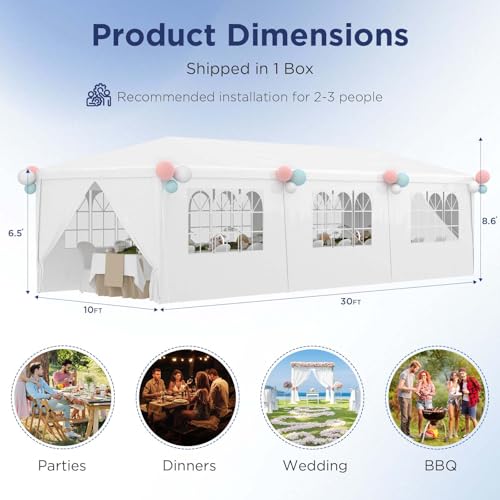 10x30 Ft Waterproof Heavy Duty Canopy with 6 Sidewalls & 2 Zippered Doors, White V737218