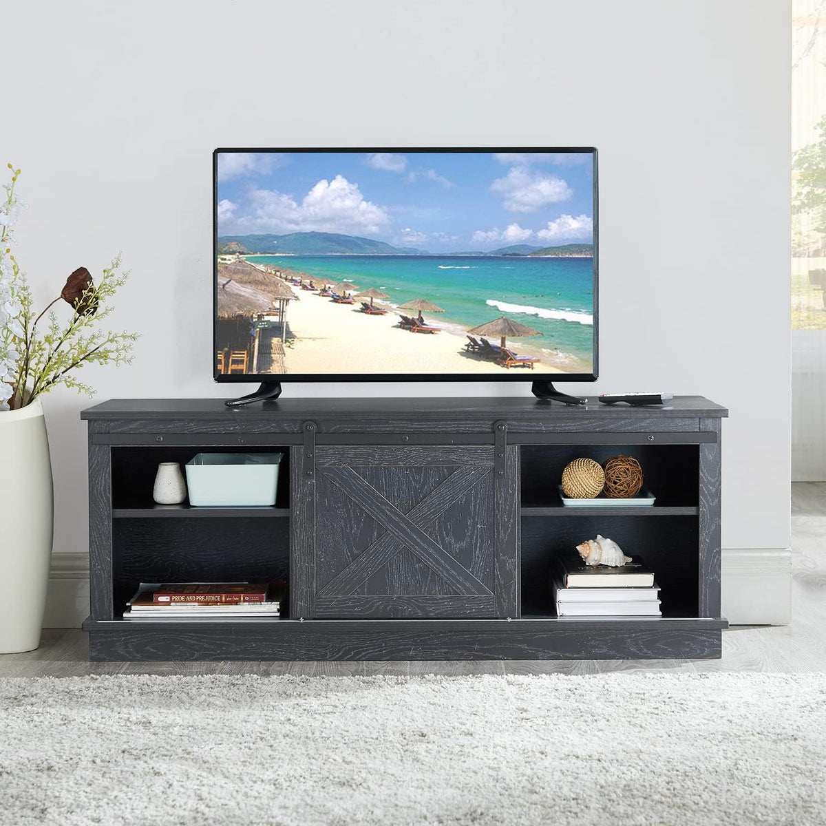 Black Sliding Barn Door TV Stand with Storage Cabinet O769