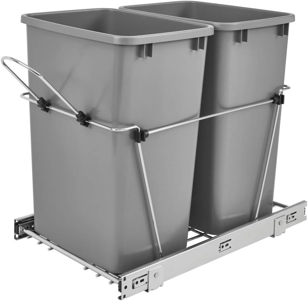 Double 35-Quart Chrome Wire Pullout Kitchen Trash Can V95841