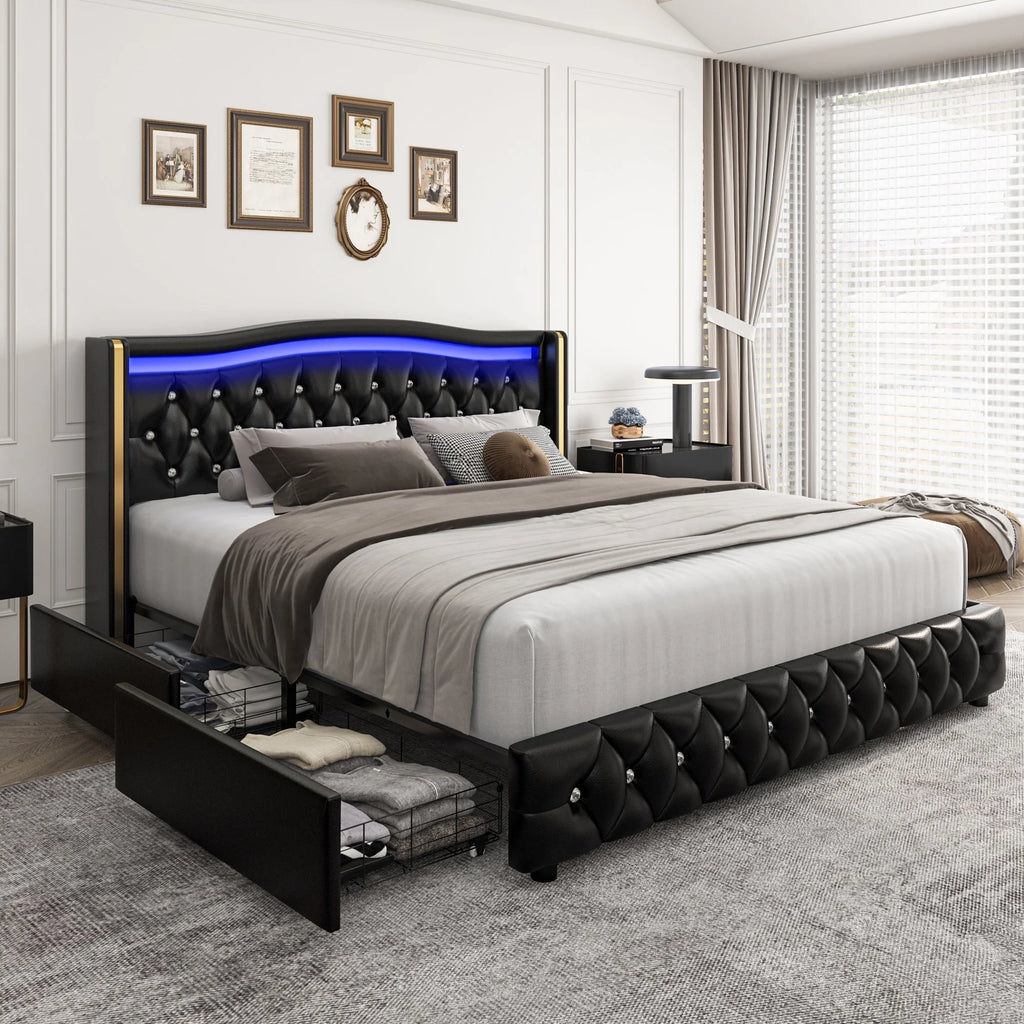 White Queen Size LED Bed Frame with 4 Storage Drawers S10197