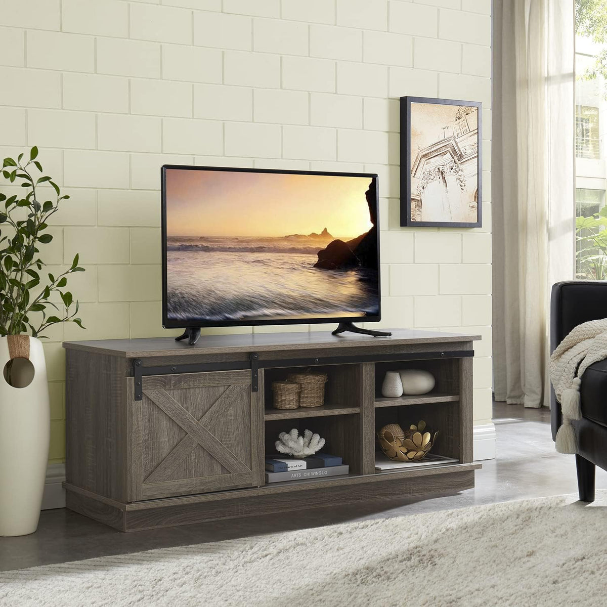 Black Sliding Barn Door TV Stand with Storage Cabinet O769
