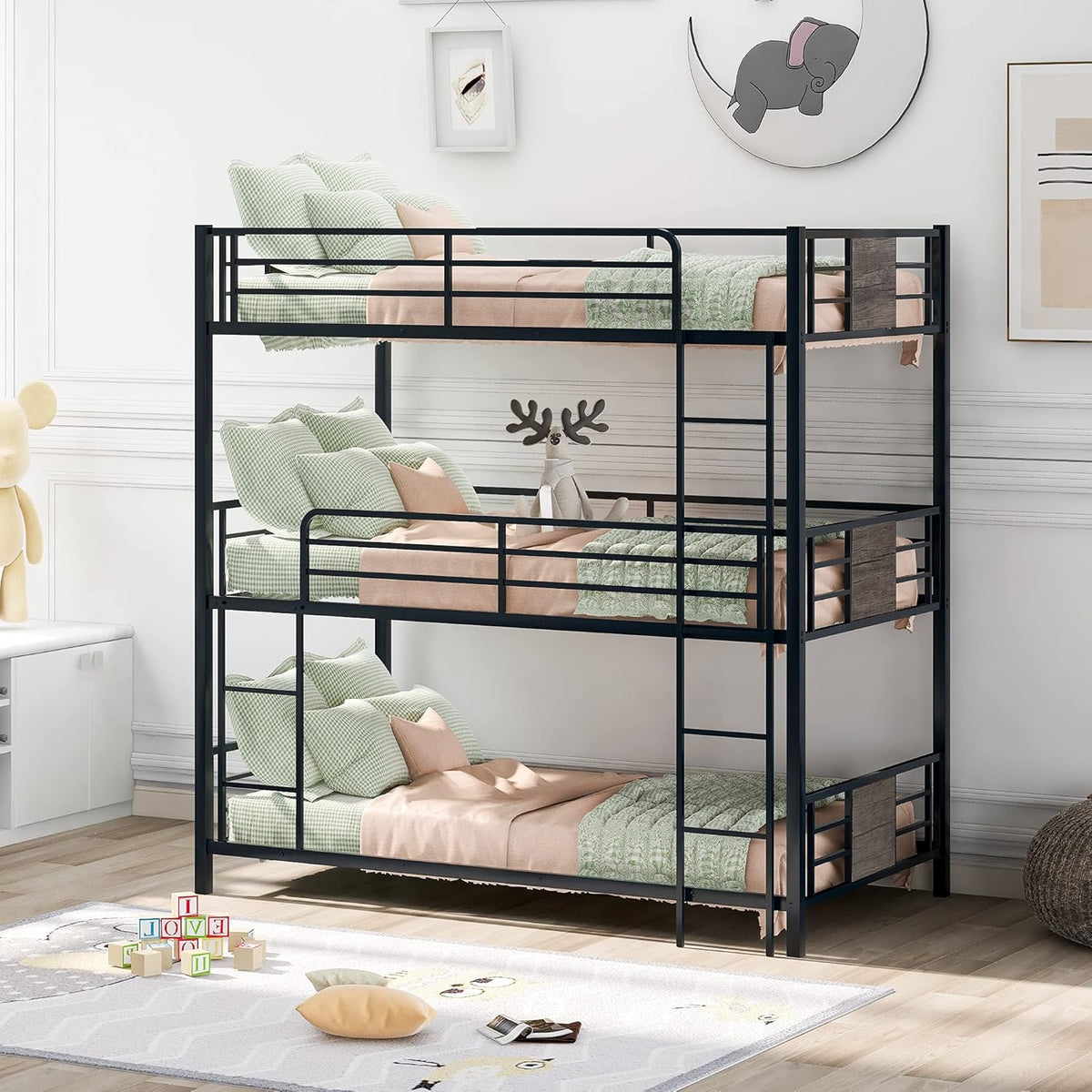 Twin Bunk Stairway Storage Solid Wood Bedframe with Guardrail Gray I911436