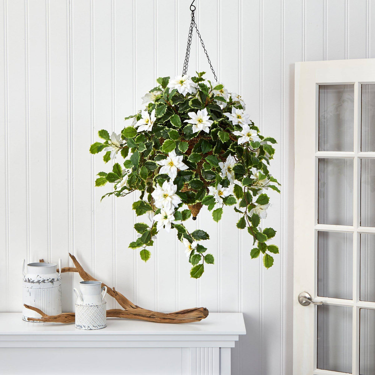 Artificial Poinsettia and Holly Hanging Basket Z1428