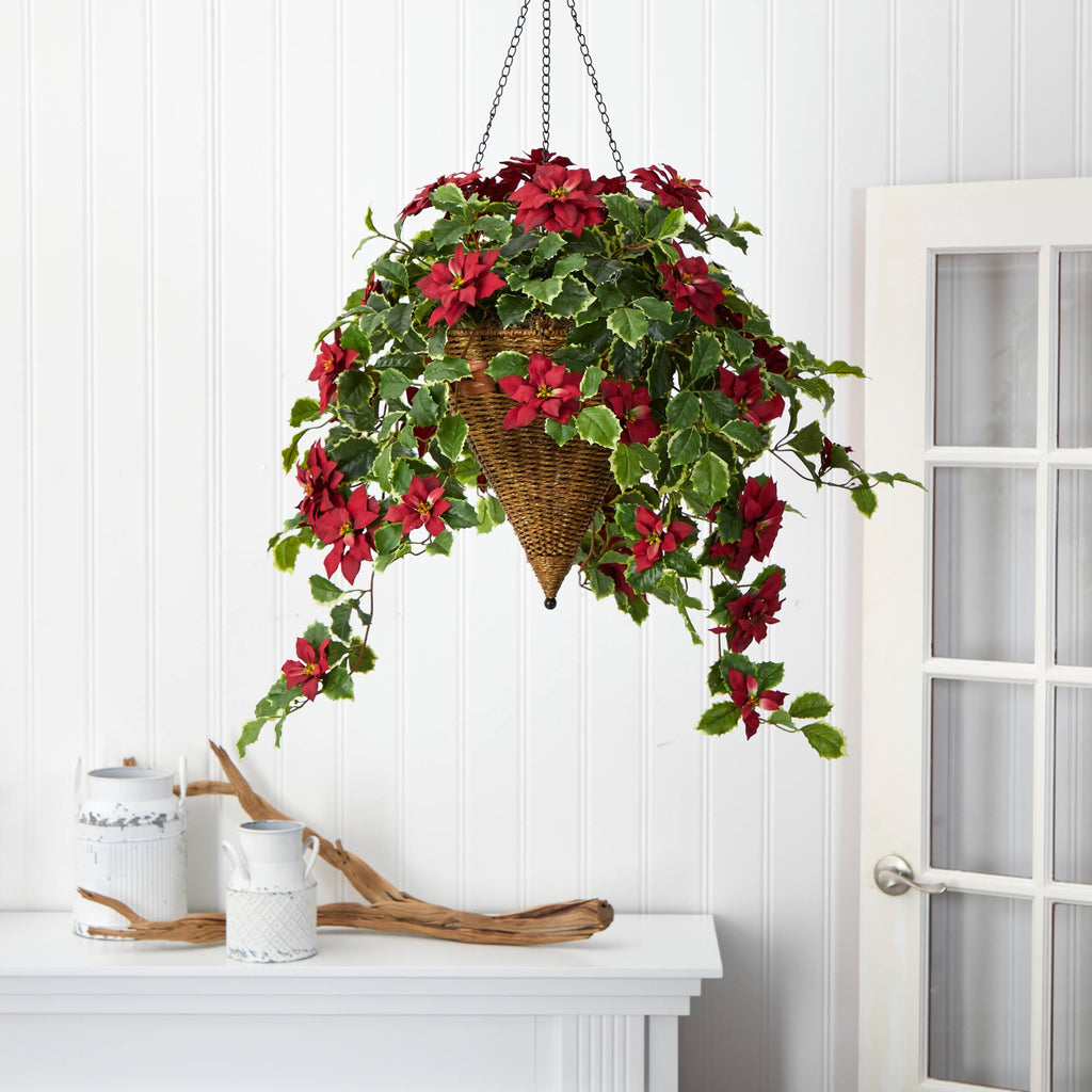 Artificial Poinsettia and Holly Hanging Basket Z1428