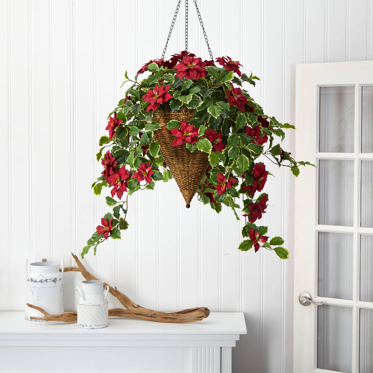 Artificial Poinsettia and Holly Hanging Basket Z1428