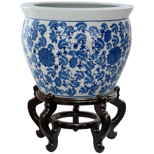 14" Floral Blue & White Porcelain Fishbowl V282