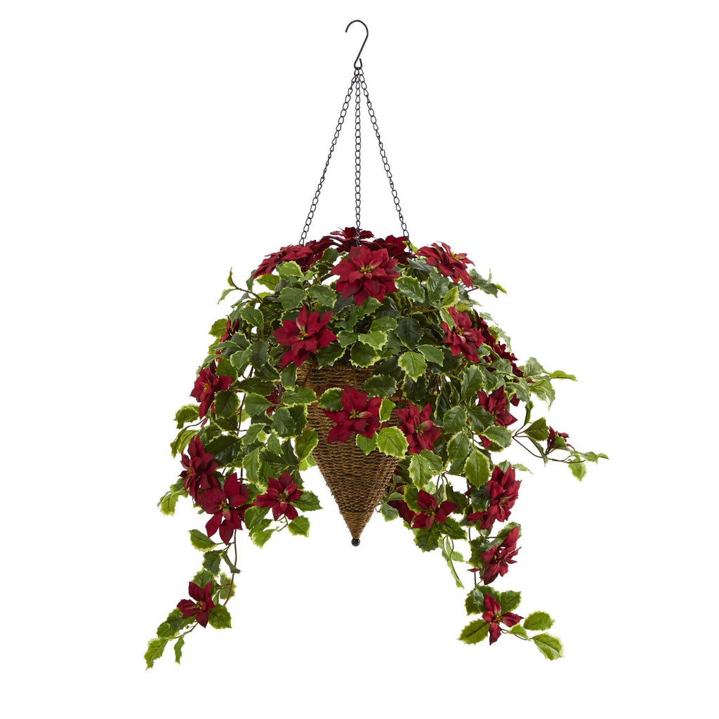 Artificial Poinsettia and Holly Hanging Basket Z1428