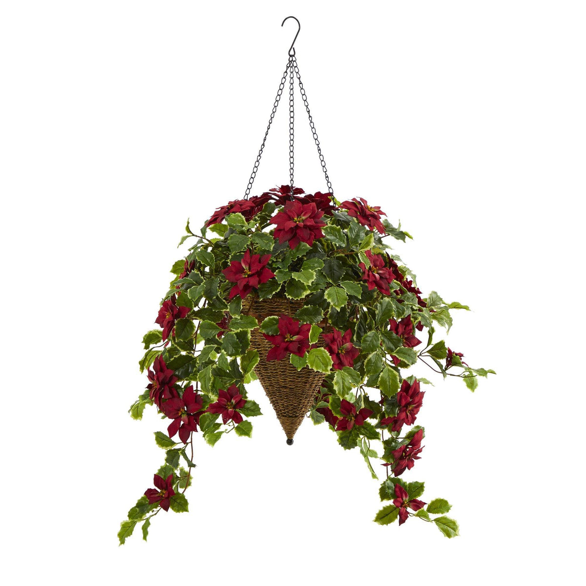 Artificial Poinsettia and Holly Hanging Basket Z1428