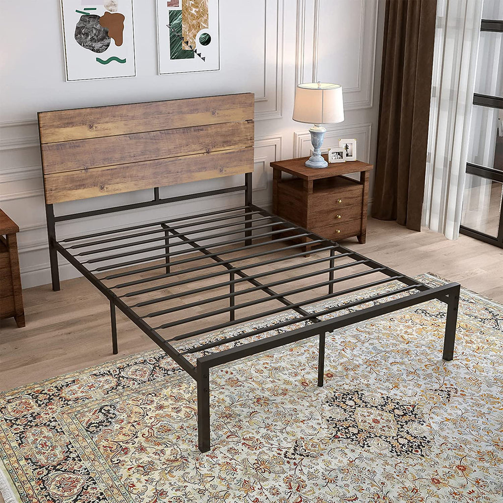 Queen Size Metal Wood Bed Frame with White Headboard W697