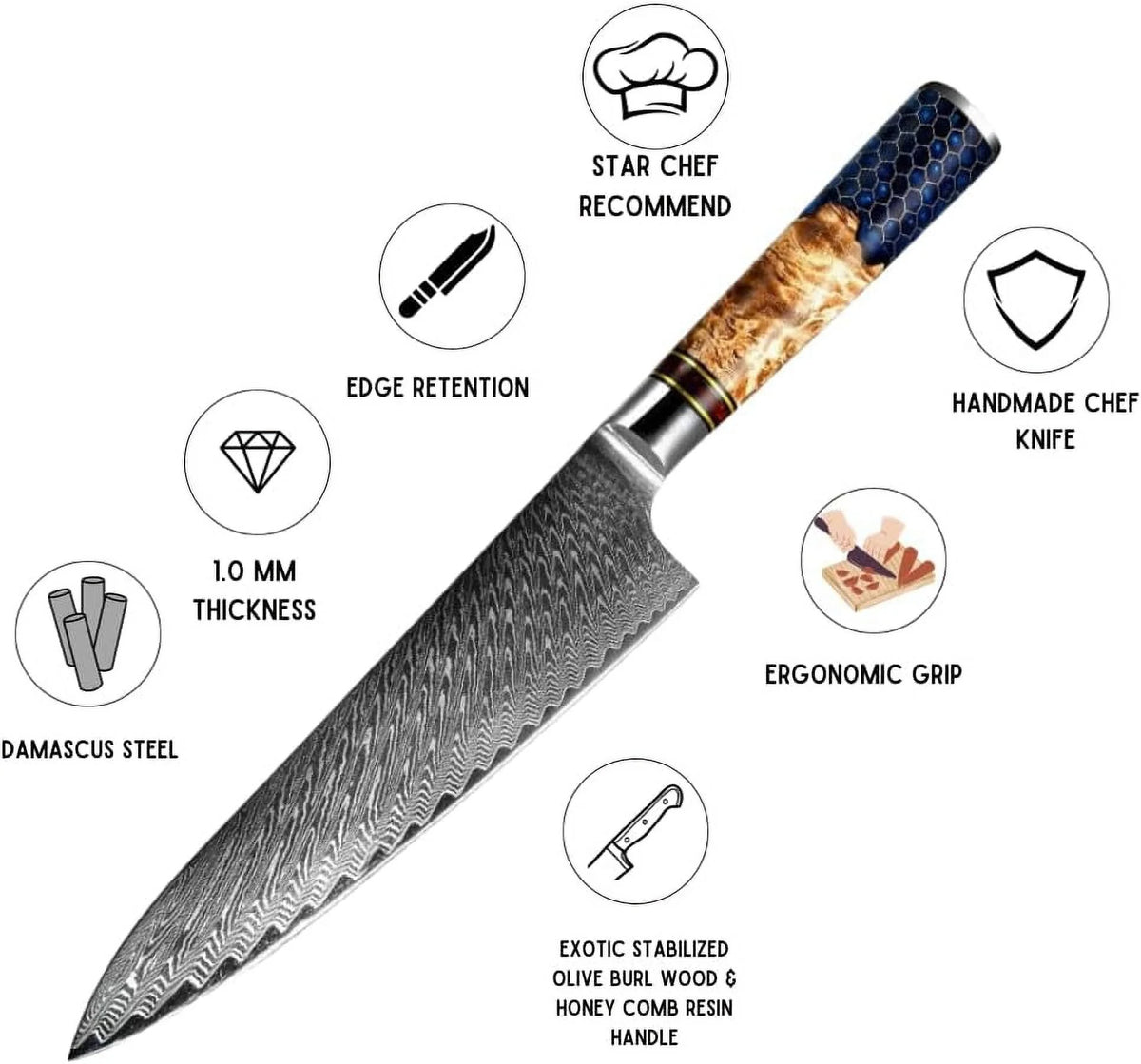 12.5-inch Damascus Chef Knife with Olive Wood Handle U108