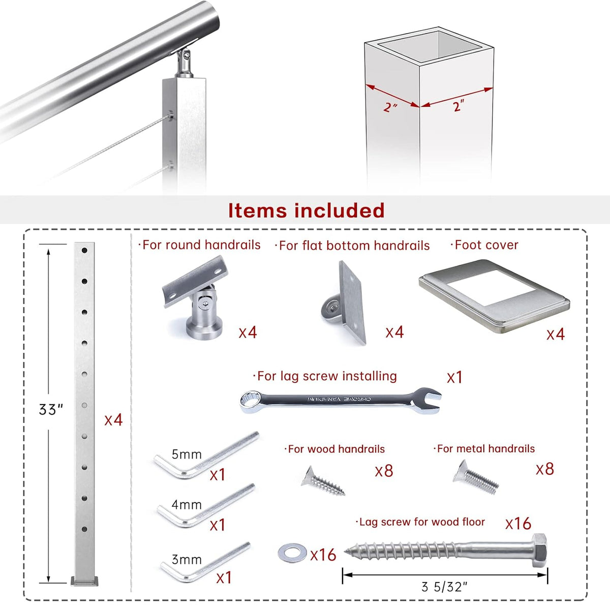 4 Pack Stainless Steel Cable Railing Post F5119