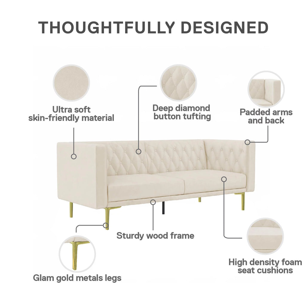 Ivory Velvet Sofa with Gold Finish Metal Legs O343805