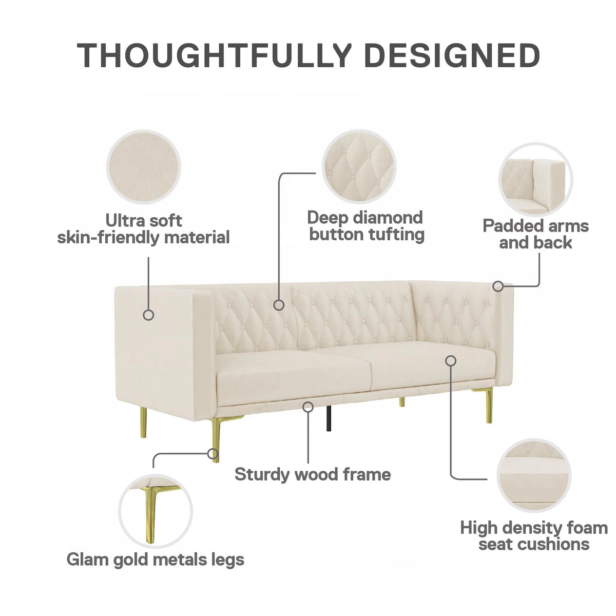 Ivory Velvet Sofa with Gold Finish Metal Legs O343805