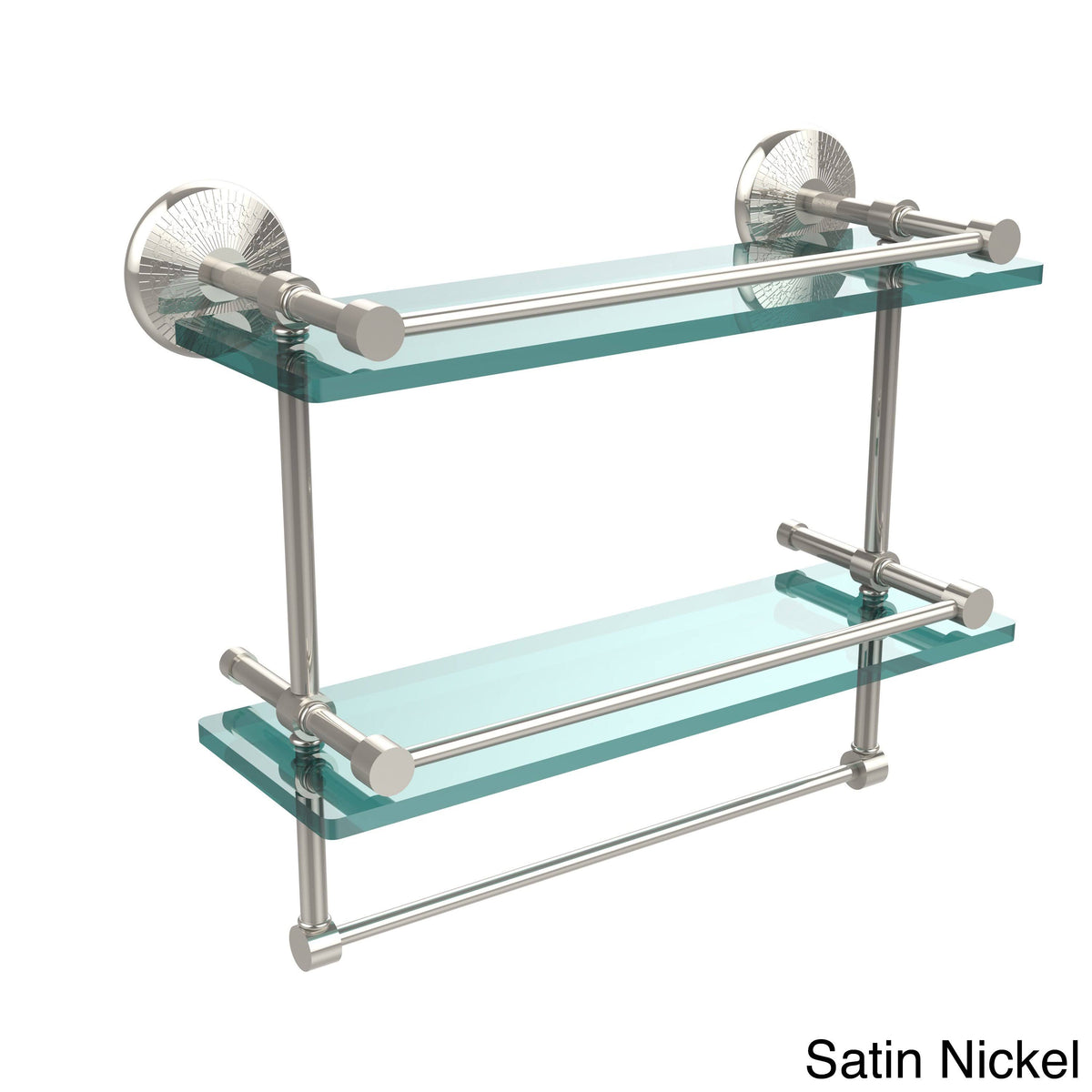 Satin Nickel 16 inch Double Glass Shelf with Towel Bar Z505