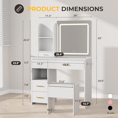 White Vanity Desk with Lighted Mirror and Stool N628