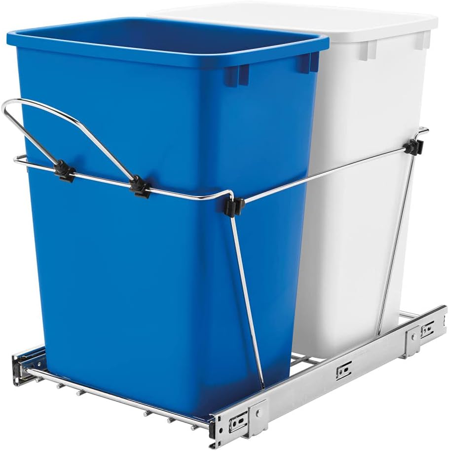 Double 35-Quart Chrome Wire Pullout Kitchen Trash Can V95841