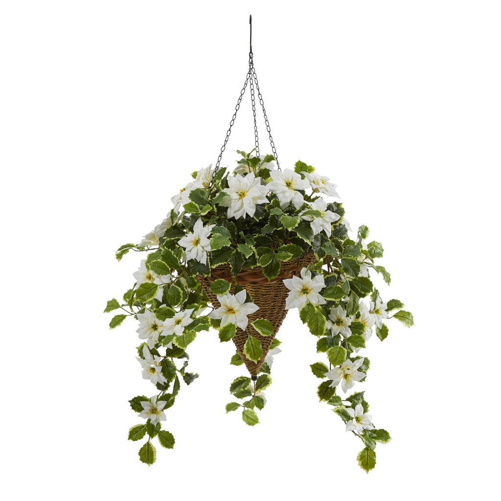 Artificial Poinsettia and Holly Hanging Basket Z1428