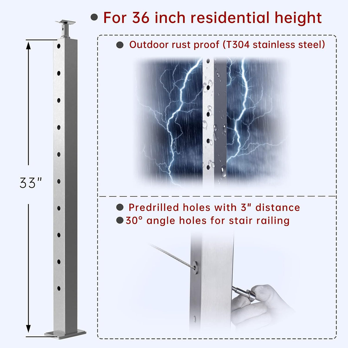 4 Pack Stainless Steel Cable Railing Post F5119