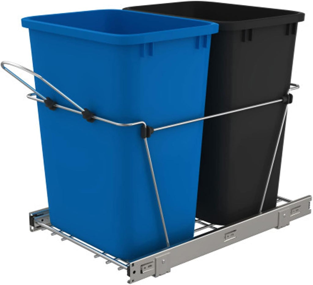 Double 35-Quart Chrome Wire Pullout Kitchen Trash Can V95841