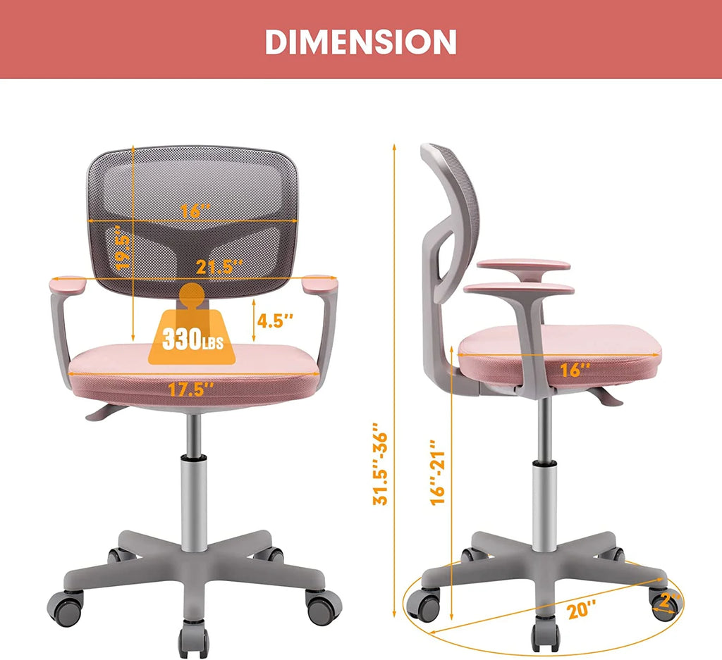 Kids Desk Chair with Adjustable Height, Lumbar Support, Mesh Seat (Pink) Z4993