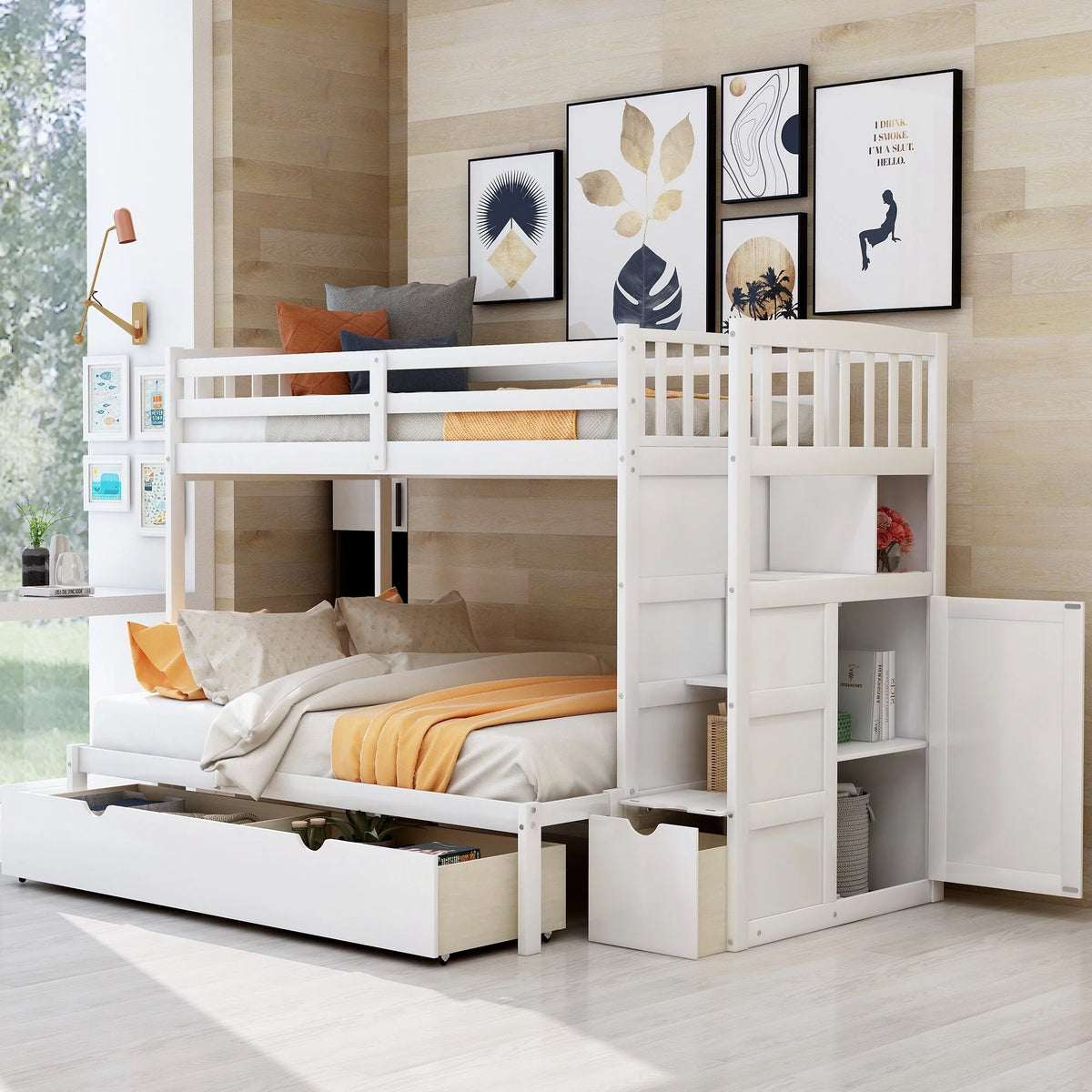 White Twin over Full Bunk Bed with Storage Shelves and Drawers T628410