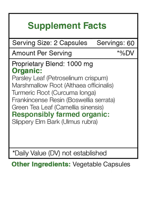 120 Capsules 500 mg Slippery Elm Parsley Marshmallow Turmeric Frankincense Green Tea J102