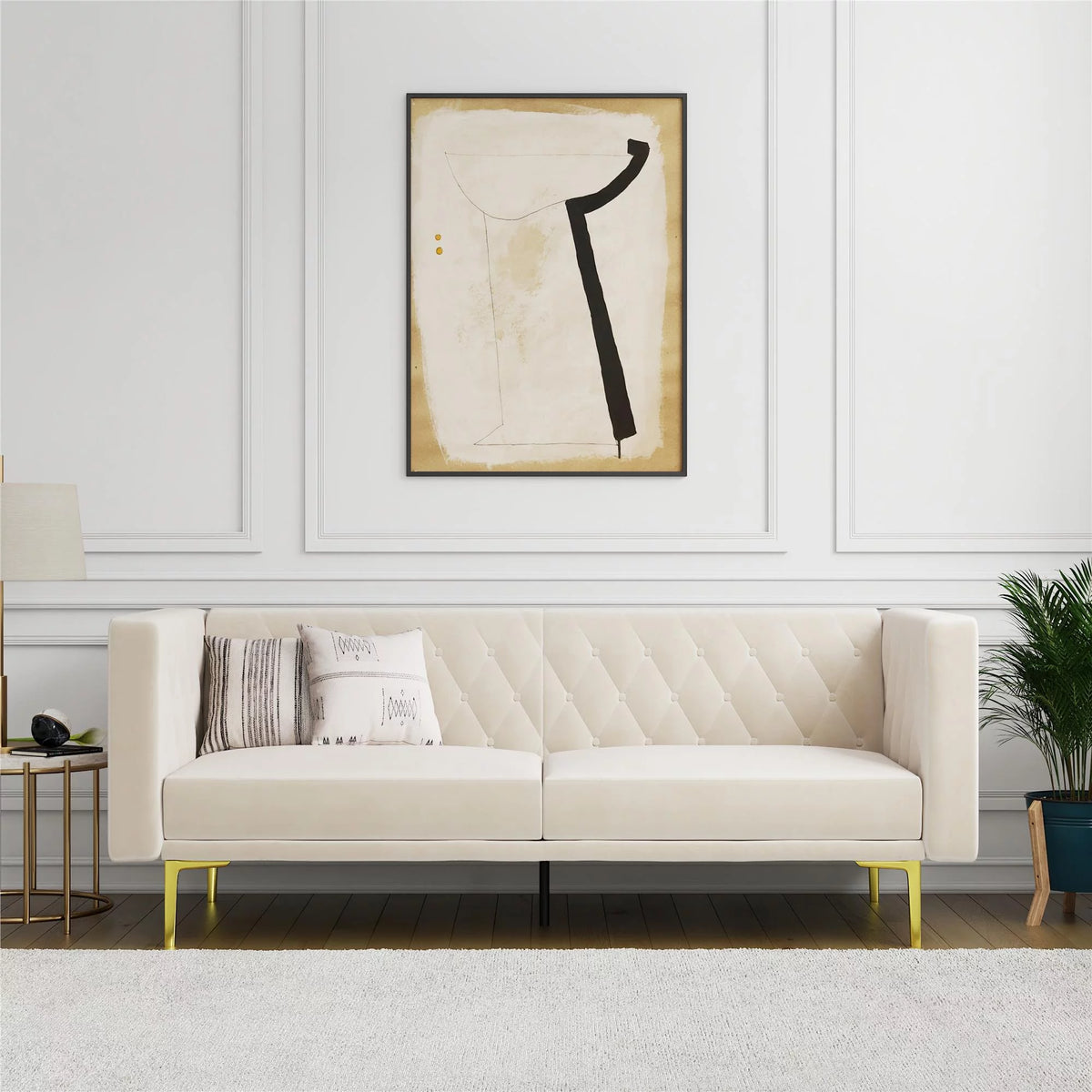 Ivory Velvet Sofa with Gold Finish Metal Legs O343805