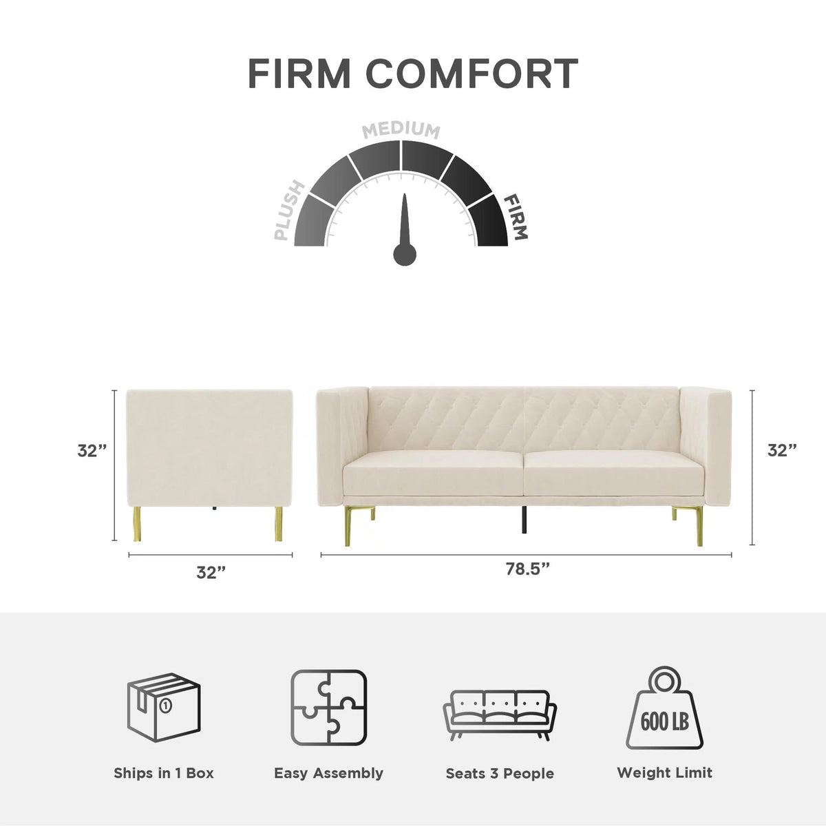 Ivory Velvet Sofa with Gold Finish Metal Legs O343805