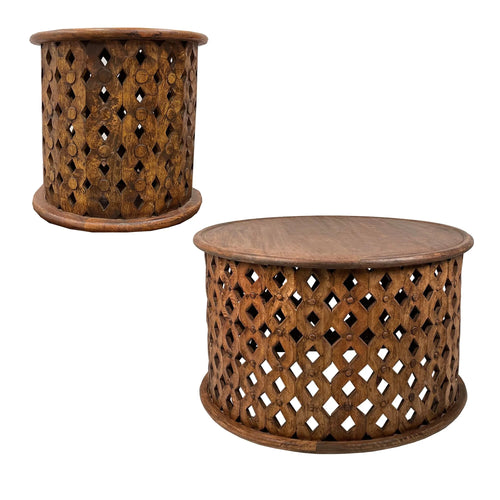 17 Inch 2 Piece Mango Wood Round Coffee Table and Side End Table Set R457026