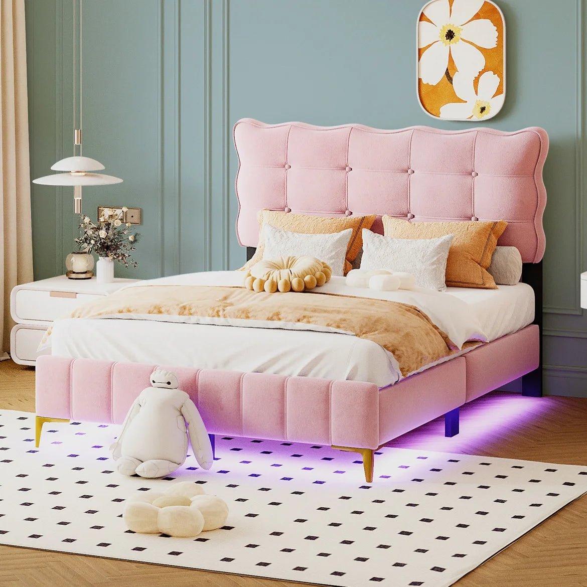 Full Size Beige Velvet Platform Bed with Headboard T63961