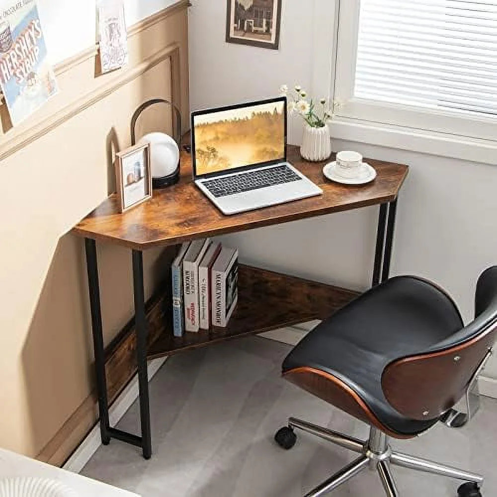 Industrial Corner Desk with Power Outlet Shelves Metal Frame Wood M1576