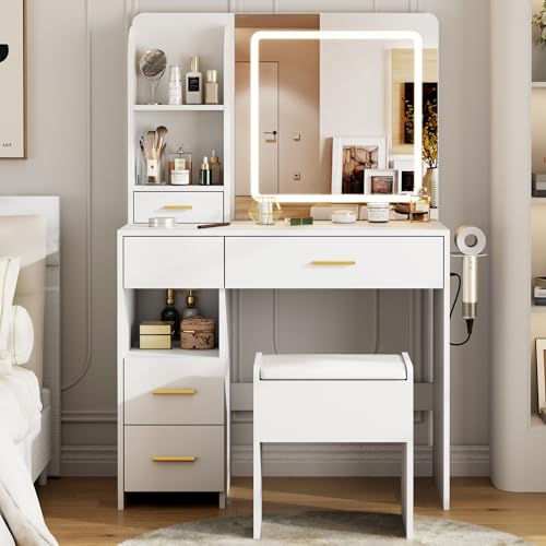 White Vanity Desk with Lighted Mirror and Stool N628