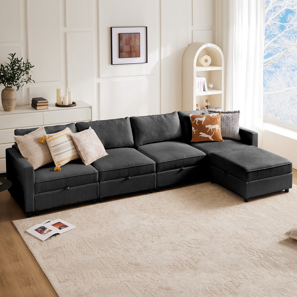 Beige 4 Seat Oversized U Shaped Sectional Sofa with Storage Ottomans O655