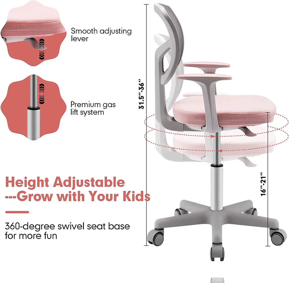 Kids Desk Chair with Adjustable Height, Lumbar Support, Mesh Seat (Pink) Z4993