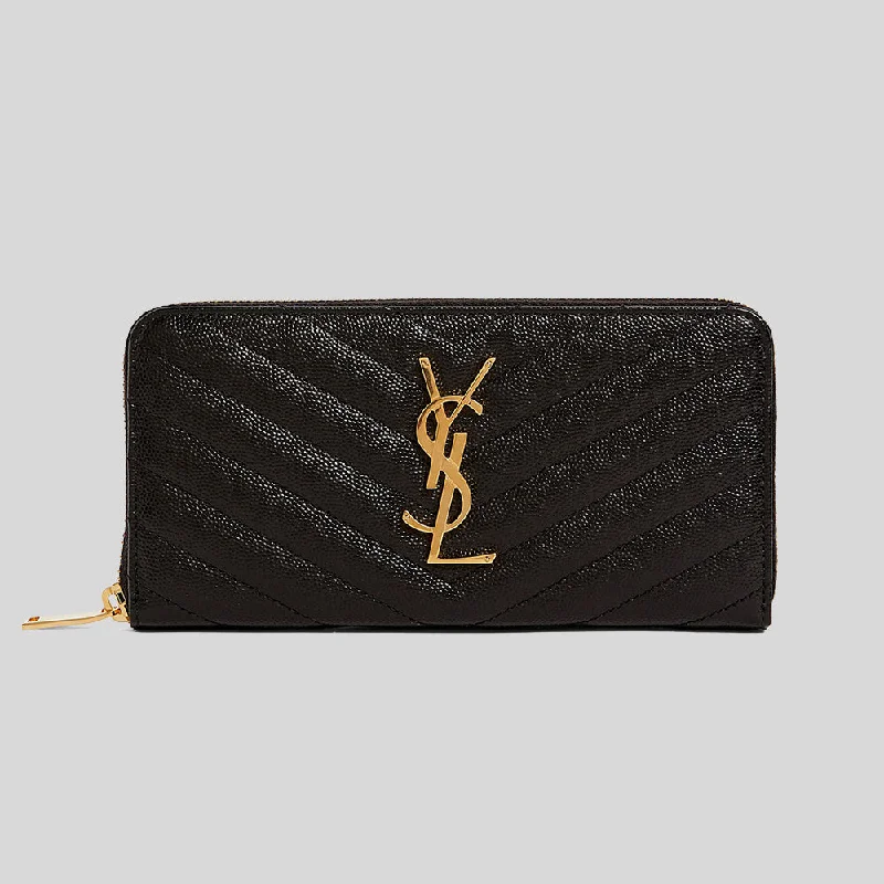 SAINT LAURENT YSL Cassandre Matelasse Zip Around Wallet In Grain De Poudre Embossed Leather Black 358094BOW01