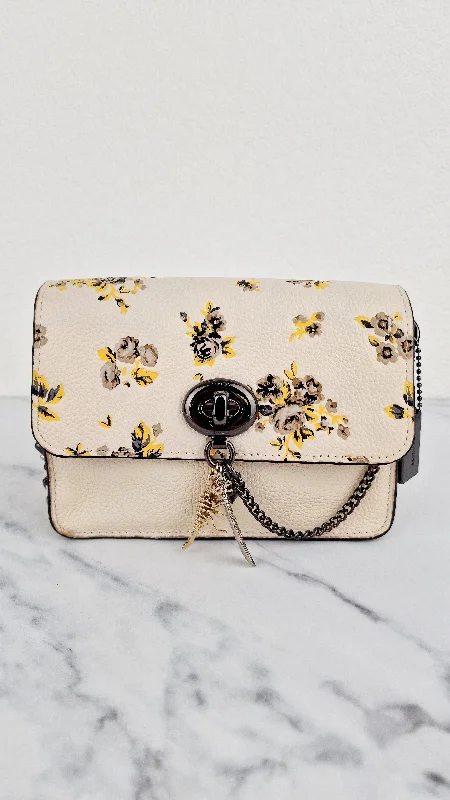 Coach Bowery Crossbody With Rebel Charm, Mixed Star Rivets & Yellow Floral Print - Chalk Pebble Leather & Gunmetal Hardware - Coach 59491