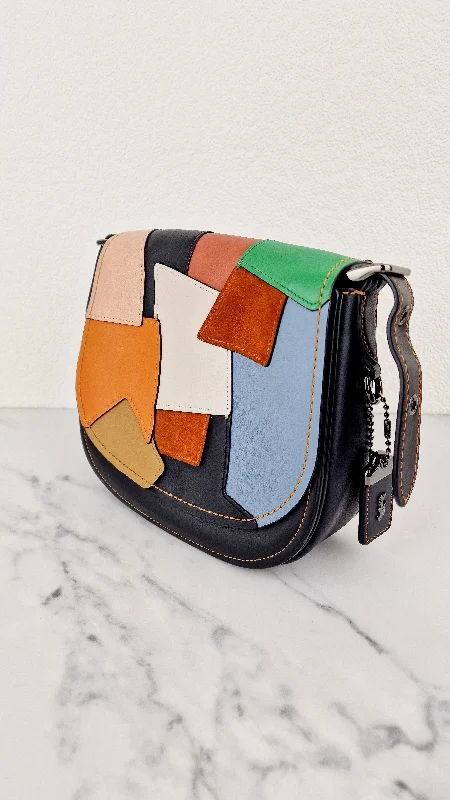 Coach 1941 Saddle 23 Bag in Black with Patchwork Orange Blue Green - Crossbody Shoulder Bag Coach 38482